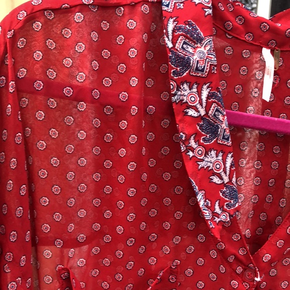 {$13 BUNDLED} FREE PEOPLE Red Blue White Sheer Long Sleeve Top - Picture 2 of 6